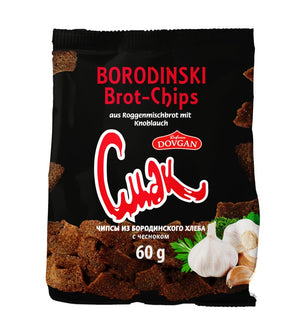 Cmak Borodinski, Brotchips mit Knoblauch 60 g – Packung, Vorderseite