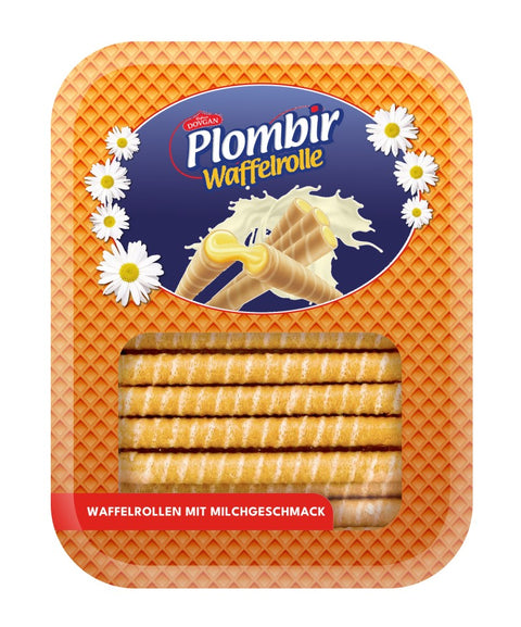 Dovgan Plombir, canudos de wafer sabor leite 400 g – embalagem, frente