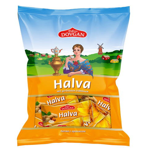 Dovgan Halva, Halva mit gerösteten Erdnüssen 250 g – Packung, Vorderseite