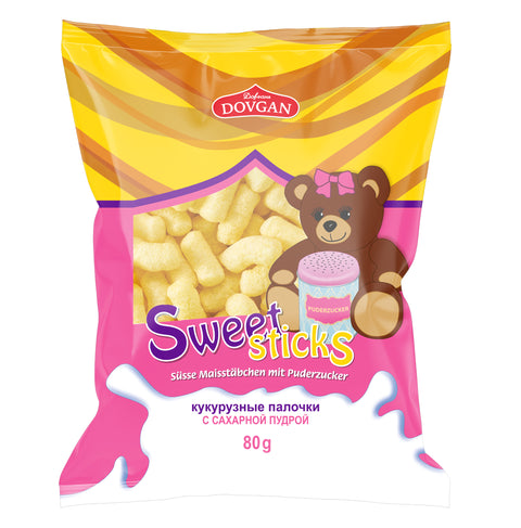 Dovgan Sweet Sticks, palitos de milho com açúcar em pó 80 g – embalagem, frente