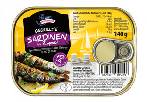 Andre's Fish & Friends gegrillte Sprotten in Rapsöl 140 g – Dose, Vorderseite