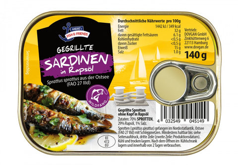 Andre's Fish & Friends gegrillte Sprotten in Rapsöl 140 g – Dose, Vorderseite