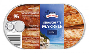 Andre's Fish & Friends, geräucherte Makrele in Öl 170 g – Dose, Vorderseite