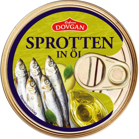 Dovgan Kilka, espadilhas em óleo 240 g – lata, frente
