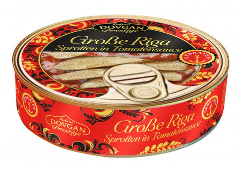 Dovgan espadilhas de Riga grandes em molho de tomate 240 g – lata, frente