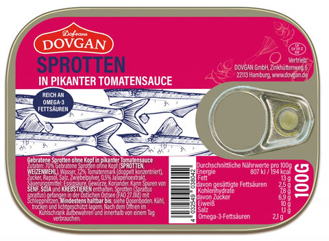 Dovgan Sprotten in pikanter Tomatensauce 100 g – Dose, Vorderseite