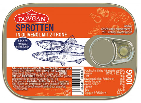 Dovgan Sprotten in Olivenöl mit Zitrone 100 g – Dose, Vorderseite