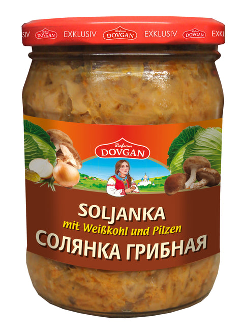 Dovgan Soljanka, Weißkohlsuppe mit Pilzen 480 g – Glas, Vorderseite