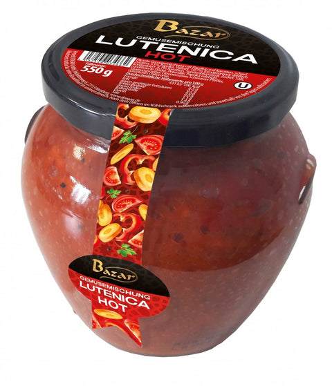 Bazar Lutenica, pasta de legumes picante 550 g – frasco, frente
