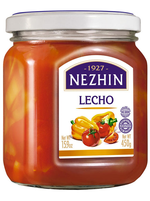 Nezhin Lecho, pimento em tomatada 450 g – frasco, frente