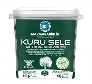 Marmarabirlik Kuru Sele, schwarze Oliven 3XS 410 g – Glas, Vorderseite