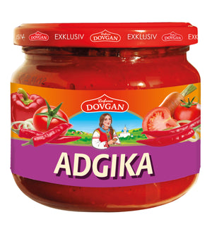 Dovgan Adschika, scharfe Tomaten-Paprika-Sauce 380 ml – Glas, Vorderseite