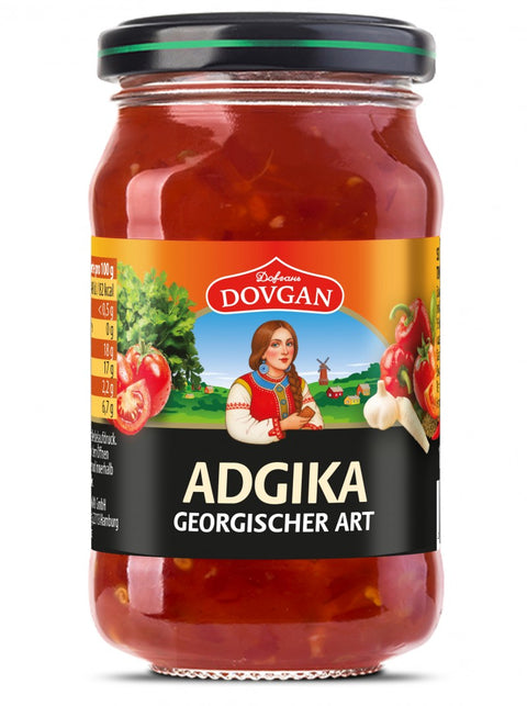 Dovgan Adjika, molho de tomate picante à georgiana 212 g – frasco, frente