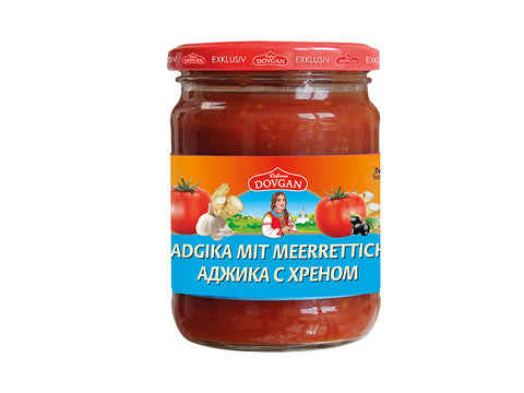Dovgan Adschika, Tomatensauce mit Meerrettich 240 ml – Glas, Vorderseite
