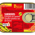 Bazar, gegrillte Sprotten ohne Kopf in Rapsöl 140 g – Dose, Vorderseite
