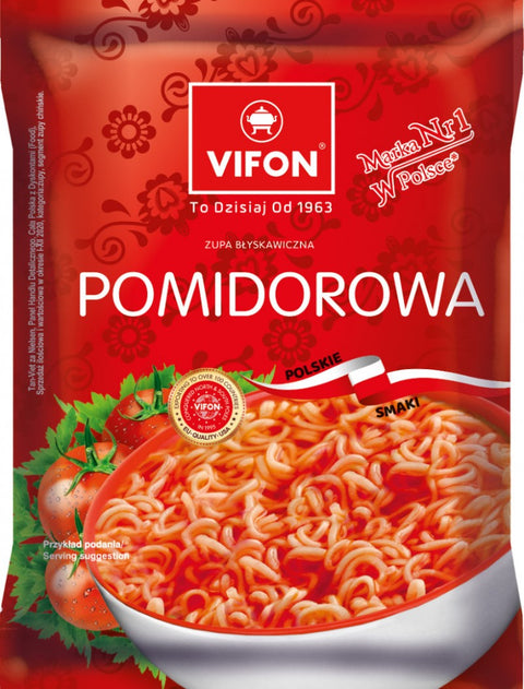 Vifon Pomidorowa, Instant-Nudelsuppe mit Tomatengeschmack 65 g – Packung, Vorderseite