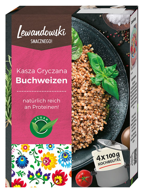Lewandowski Buchweizen 400 g – Packung mit 4 Kochbeuteln, Vorderseite