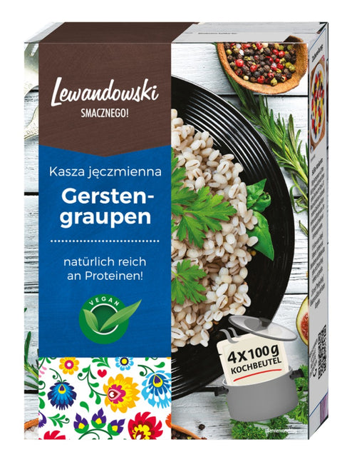Lewandowski Gerstengraupen 400 g – Packung mit 4 Kochbeuteln, Vorderseite