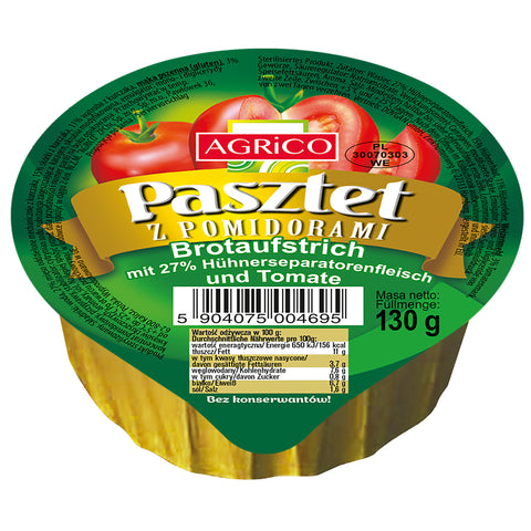 Agrico Pasztet, Geflügel-Brotaufstrich mit Tomate 130 g – Dose, Vorderseite