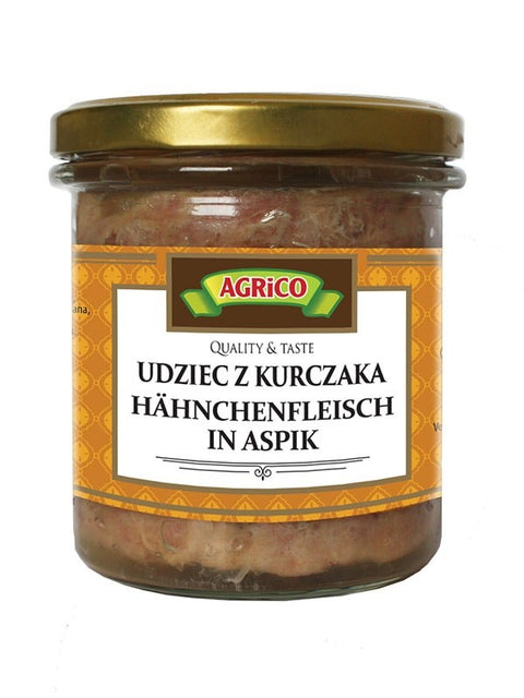 Agrico Fine Chicken Meat, Hähnchenfleisch in Aspik 300 g – Dose, Vorderseite