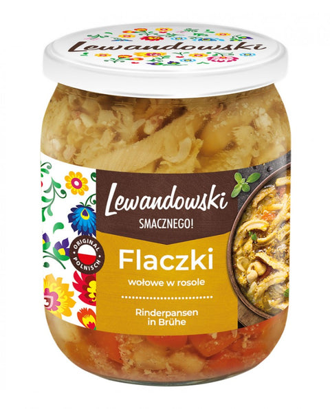Lewandowski Flaczki wołowe, Rinderpansen in Brühe 500 g – Packung, Vorderseite