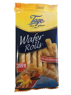 Tago Rurki waflowe, Waffelröllchen mit Vanillegeschmack 260 g – Packung, Vorderseite