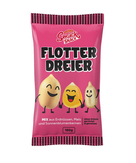 Smack Flotter Dreier Mix, Erdnüsse, Mais & Sonnenblumenkerne 180 g – Packung, Vorderseite