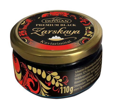 Dovgan Zarskaya, imitação de caviar preto 110 g – lata, frente
