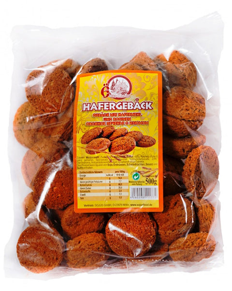 Sojus bolachas de aveia com passas 500 g – embalagem, frente