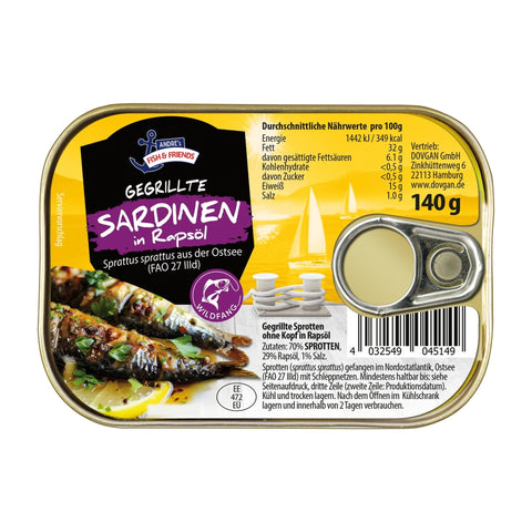 Andre's Fish & Friends - Gegrillte Sprotten in Rapsöl - Karton 12 × 140 g