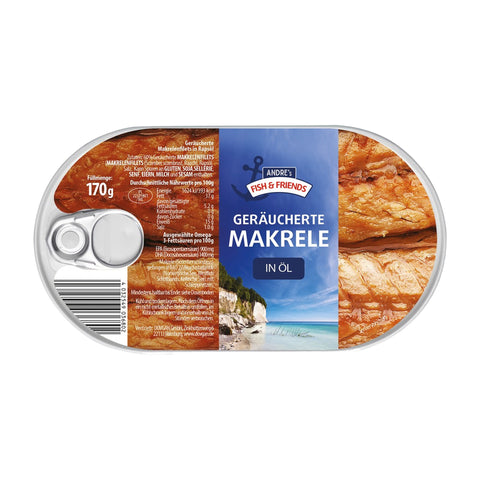 Andre's Fish & Friends - Geräucherte Makrele in Öl - Karton 16 × 170 g