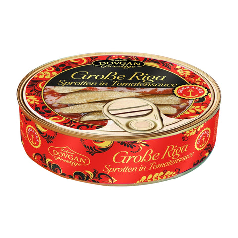 Dovgan - Große Riga-Sprotten in Tomatensauce - Karton 8 × 240 g