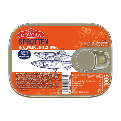 Dovgan - Sprotten in Olivenöl mit Zitrone - Karton 10 × 100 g