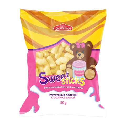 Dovgan - Sweet Sticks (Süße Maisstäbchen mit Puderzucker) - Karton 24 × 80 g