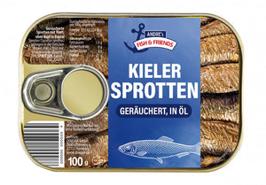 Andre's Fish & Friends Kieler Sprotten in Öl 100 g – Dose, Vorderseite