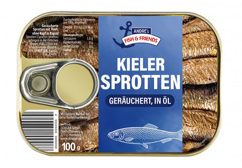 Andre's Fish & Friends Kieler Sprotten in Öl 100 g – Dose, Vorderseite