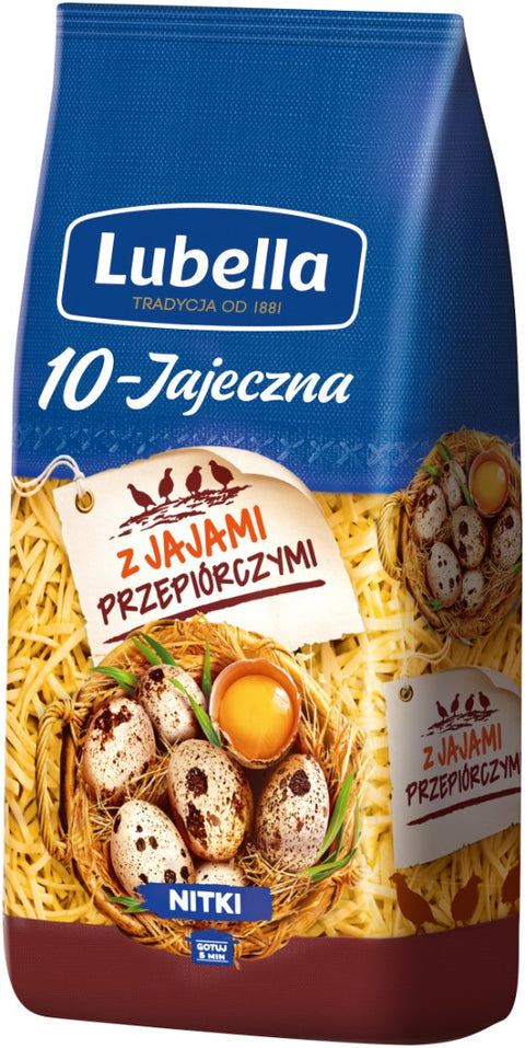 Lubella 10-Jajeczna, Wachteleier-Nudeln 250 g – Packung, Vorderseite