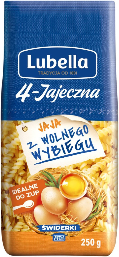 Lubella 4-Jajeczna Świderki, Eiernudeln 250 g – Packung, Vorderseite