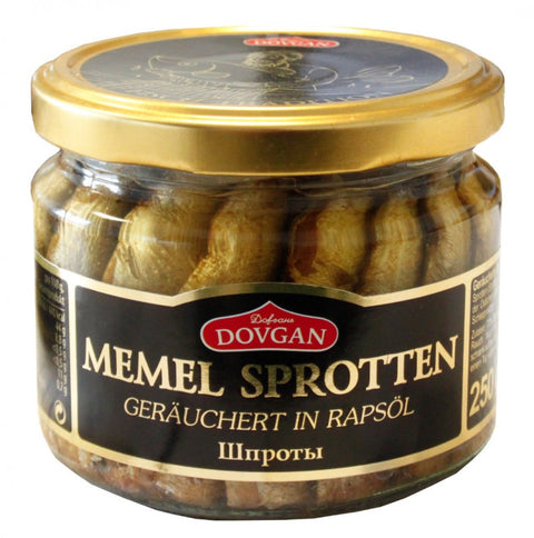 Memel geräucherte Sprotten in Rapsöl 250 g – Glas, Vorderseite